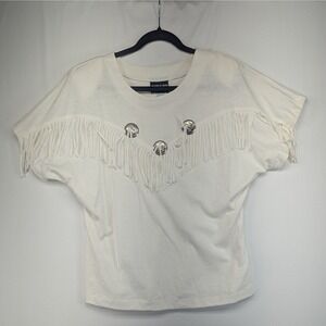 Vintage Impact Western Fringe T-Shirt White Silver Conchos Made in USA Medium